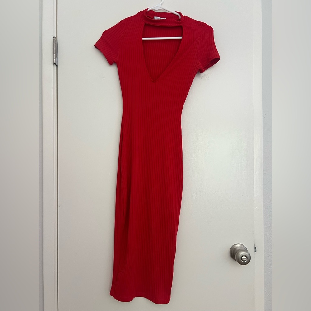 Pull&Bear Red V-Neck Bodycon Midi Dress